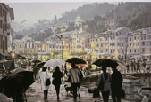 Teppei Sasakura, Portofino, Street Scene, Rain, Umbrellas, Cityscape, Decor Art, Designer Art, Restaurant Art, Corporate Art